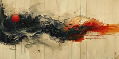 A painting depicts a wave with a red ball at its center photo