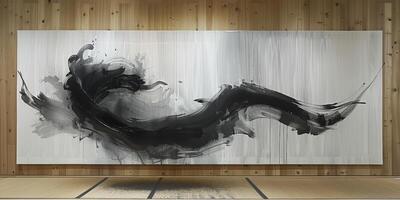 Wooden wall with large blackandwhite painting, artistic tones and shadows photo