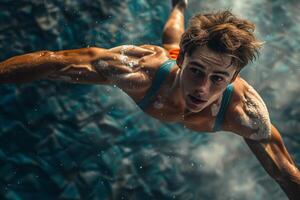 A man is happily swimming in a pool, stretching his arms photo