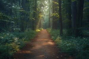 The sun is shining through the trees along a path in the forest photo