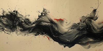 Black and white wave painting with red dots on beige background photo