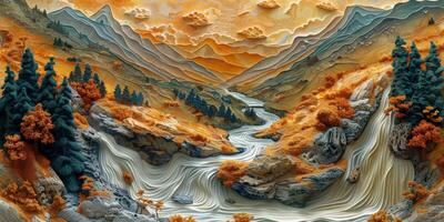 A pixelated representation of a river in a valley surrounded by mountains photo