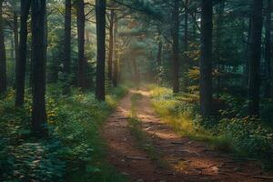 The sun is filtering through the branches along a forest trail photo