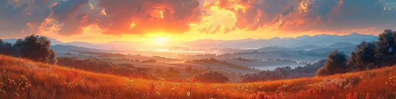 The sun is setting over a field of grass and trees in the mountains photo
