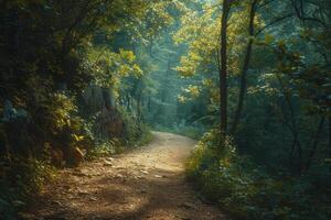 The sunlight filters through the trees along a woodland path photo