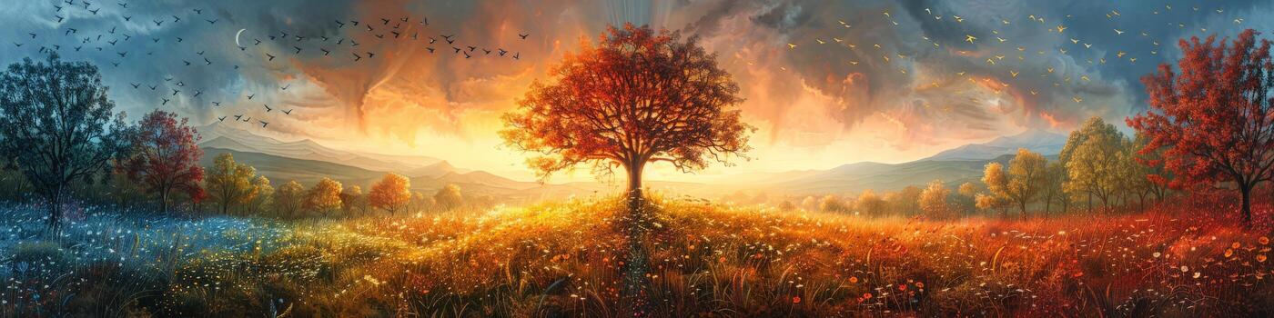 Artwork shows a tree in a field at sunset with a captivating vibe photo