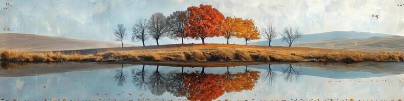 escénico pintura demostración un sereno lago, árboles, y nubes foto