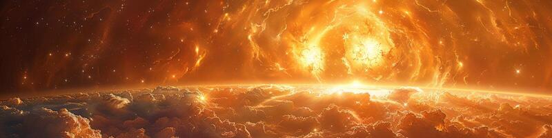 An image shows the earth from space with a distant galaxy in the background photo