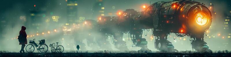 There is a person standing next to a giant robot and a bike photo