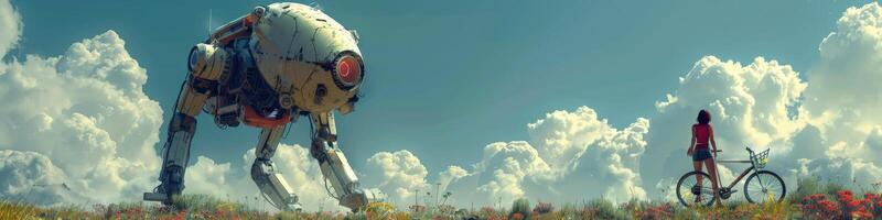 A woman is biking in a field next to a colossal robot photo