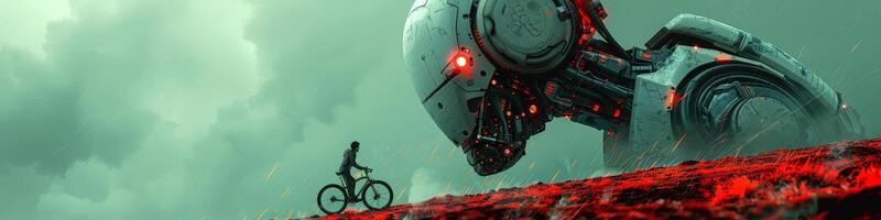 A man is riding a bike in front of a giant robot as the sun sets in the sky photo