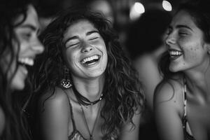 In the black and white photo, three women are joyfully laughing in unison photo