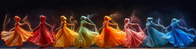 A colorful dance performance by a row of women in vibrant dresses on stage photo