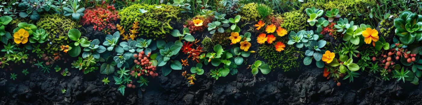 un pared adornado con un surtido de plantas y flores foto