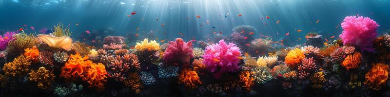 Vibrant coral reef with colorful corals and fish in the ocean photo