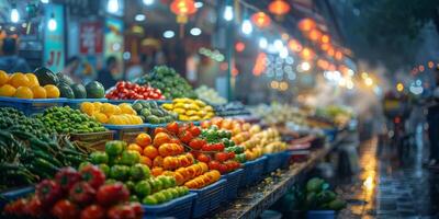 Various fruits and vegetables are displayed at the market photo