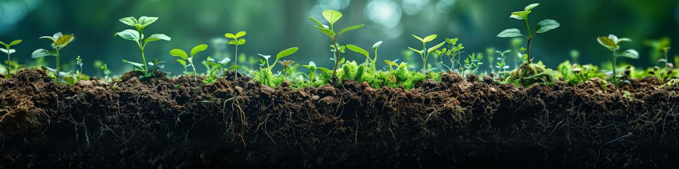 un plétora de minúsculo plantas brote desde el suelos superficie foto