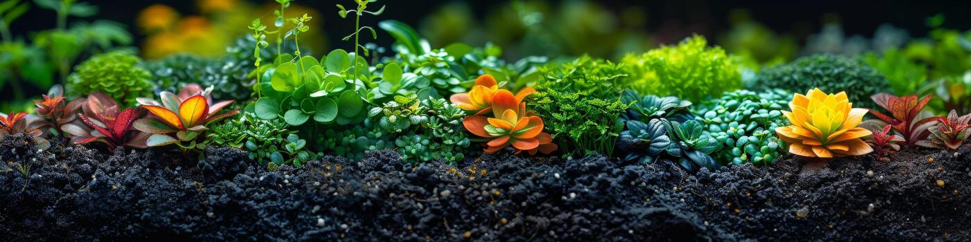 un vistoso fila de plantas brotante desde el suelo en un natural paisaje foto