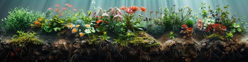 A series of beautiful flowers and plants emerging from the soil photo