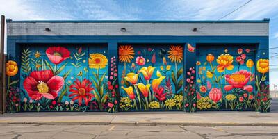 A colorful mural of flowers adorns the side of a building photo