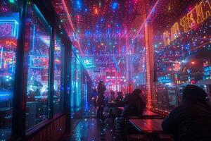 People at tables in front of a neon sign saying a photo