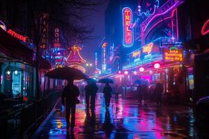 People walking on wet street in front of neon sign trellis photo