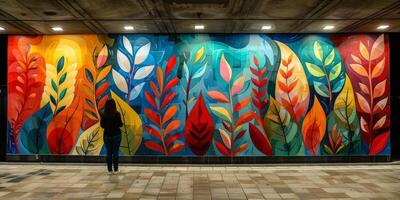 A person is standing in front of a large painting of leaves on a wall photo
