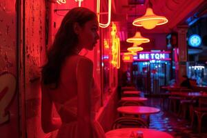 A woman in a red dress stands before a luminous sign photo