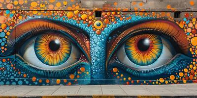 A vibrant mural featuring a set of eyes painted on a wall photo