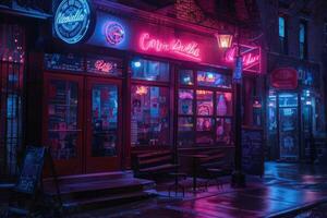 A neon sign that says coffee bubble illuminates the night photo
