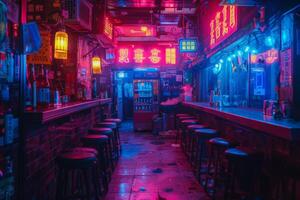 A bar with numerous neon lights and stools located in a dimly lit alleyway photo