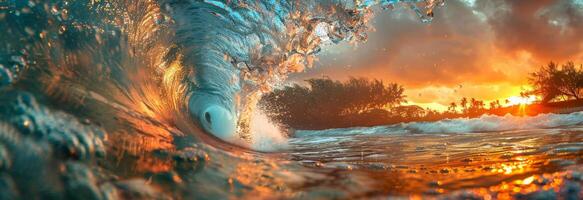 A wave is crashing on the sandy shore under the colorful sunset sky photo