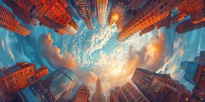 Looking up at a picturesque city skyline during sunset photo