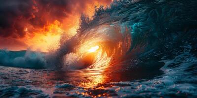 Sun shining through wave in ocean, creating beautiful afterglow photo