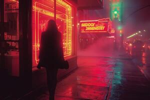 A woman walks in front of a neon sign saying seddo on a street photo
