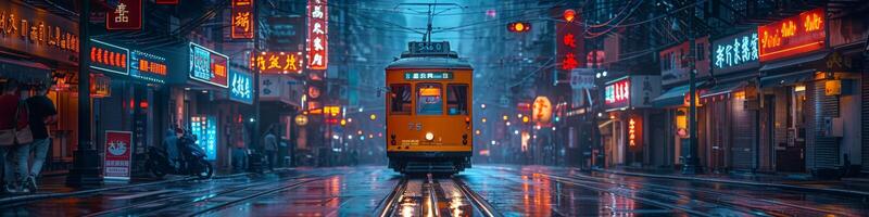 At night, a trolley drives through the wet city streets with lights glowing photo