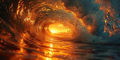 The sunset colors reflect on the ocean wave as it breaks photo