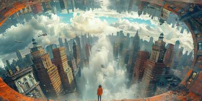 A man standing on a cliff overlooking a city in the sky photo