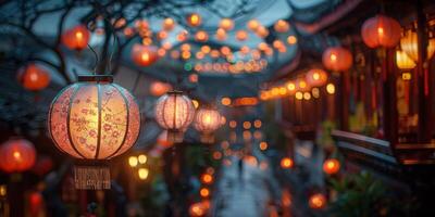 At night, lanterns hanging from trees along a street photo