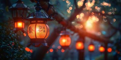 A lantern displaying chinese characters is suspended from a tree photo