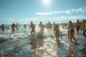 A large group of people are enjoying leisure activities in the ocean photo