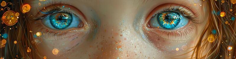 Detailed view of a womans vibrant blue eyes adorned with sparkles photo