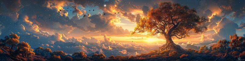 A tree is on a hill with a sunset in the background photo