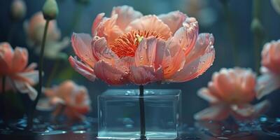 A pink flower floats in a clear cube of water among other flowers photo