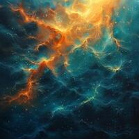 A beautiful painting depicting a blue and orange nebula in outer space photo