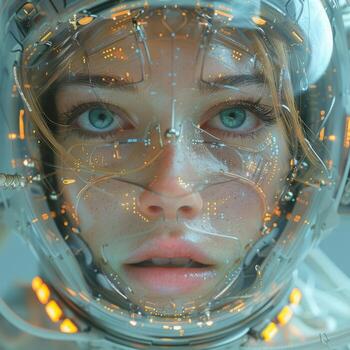 A detailed view of a womans facial features, wearing a helmet photo