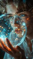 Man holding glass sphere with water, body, flash, eyelash, organism, stars photo