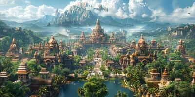 Aerial view of large city among trees and mountains photo