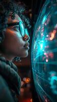 A woman with eyewear gazes at a computer screen in the dark room photo