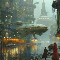 Futuristic city painting with a space ship in the background photo
